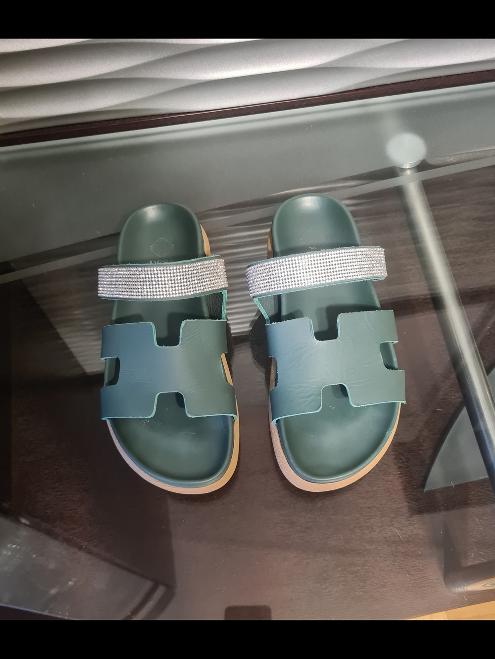 DESA Italy Green Slide Sandals with Rhinestone Strap